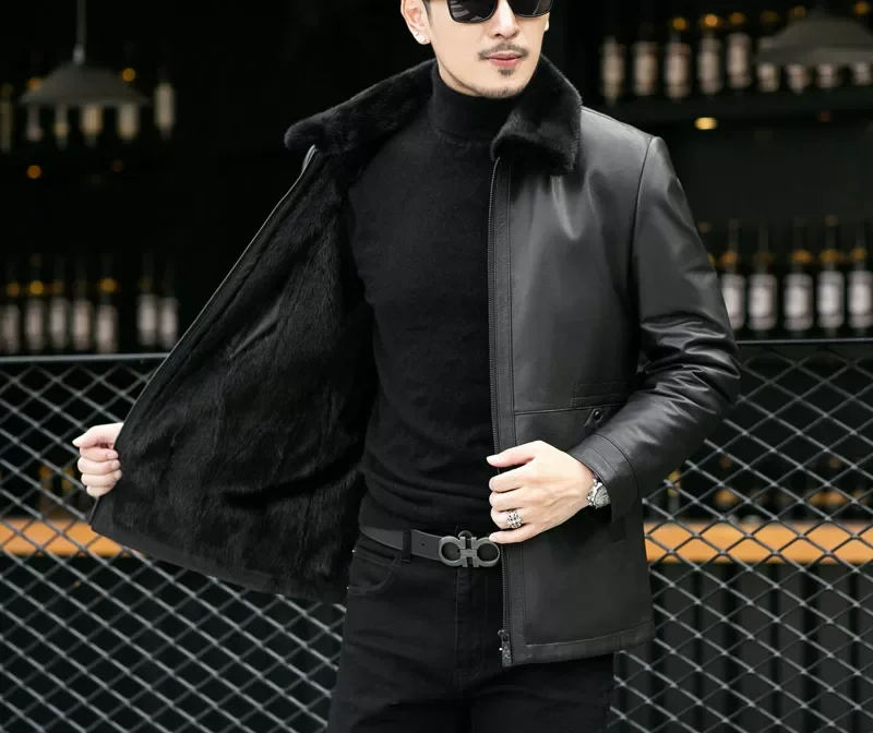 Full-mink calfskin leather coat — luxury mid-length fur lined