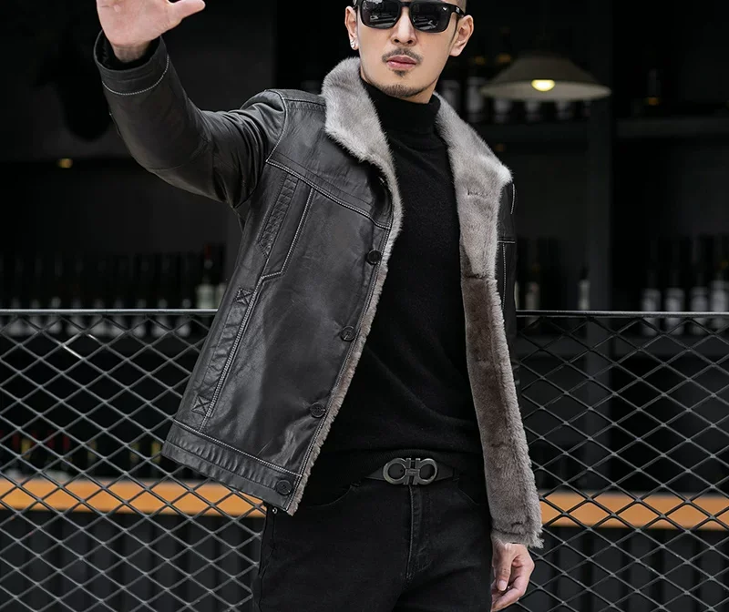 Goatskin shearling jacket — genuine lamb wool lined winter classic