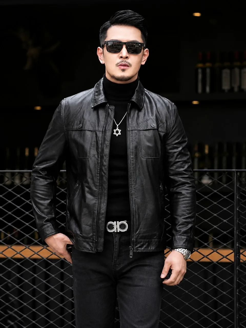 Goatskin retro short zipper jacket — vintage washed finish
