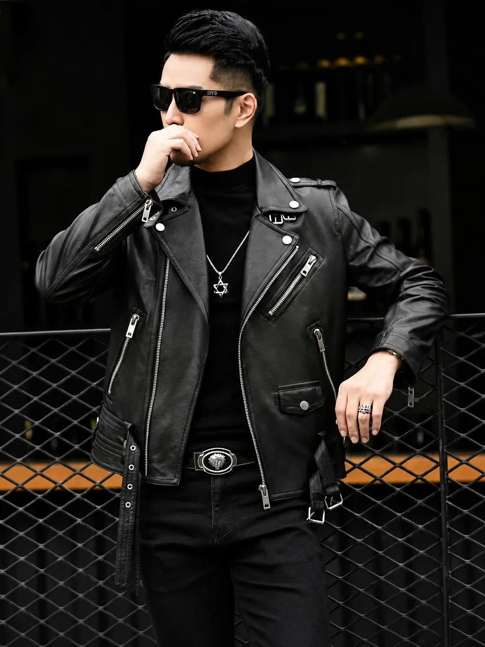 Sheepskin Harley punk jacket — studded statement piece